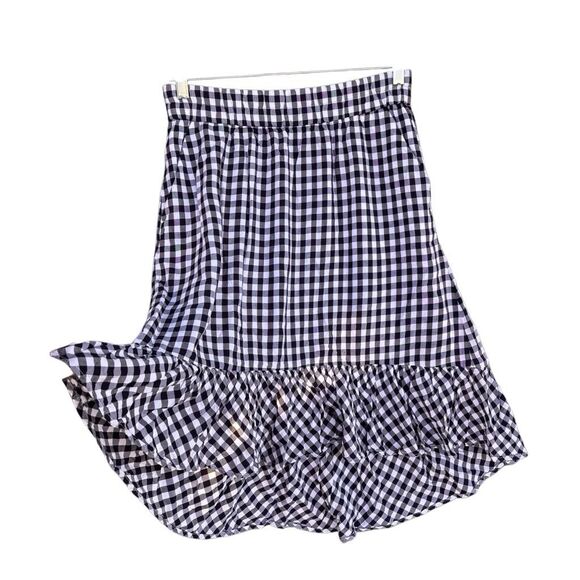 J. Crew Black White Gingham High Low Skirt Ruffle Hem Midi Pocket Lined Elastic - Picture 3 of 8